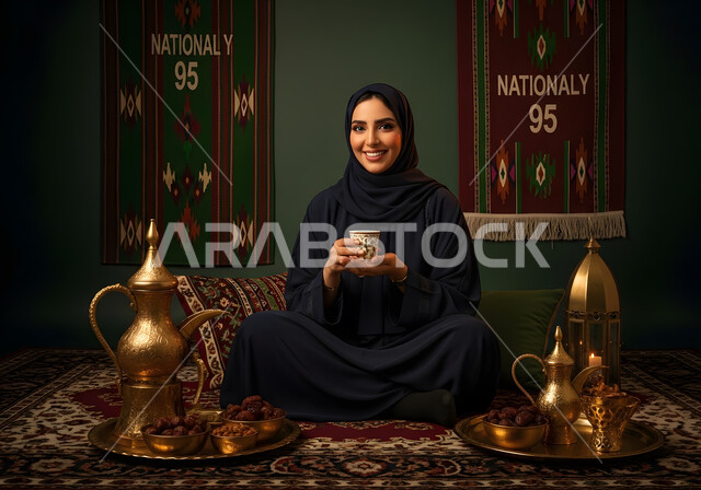 Popular national celebrations and occasions, local products and national agricultural crops, the concept of hospitality and reception, a Saudi Arabian Gulf woman wearing an abaya and hijab drinking coffee, authentic Saudi customs and traditions in serving Arabic coffee, celebrating Saudi National Day on September 23
