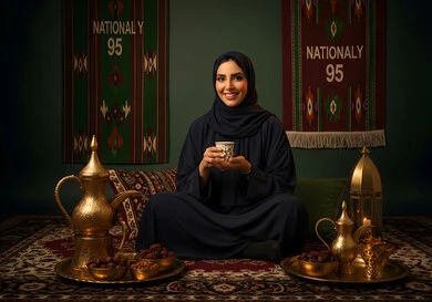 الاحتفالات و المناسبات الوطنية الشعبية، منتج محلي ومحصول زراعي وطني، مفهوم حسن الضيافه والاستقبال، إمرأة عربية خليجية سعودية ترتدي العباءة والحجاب تقوم بشرب القهوة، عادات وتقاليد سعودية اصيلة في تقديم القهوة العربية، الاحتفال باليوم الوطني السعودي في 23 سبتمبر