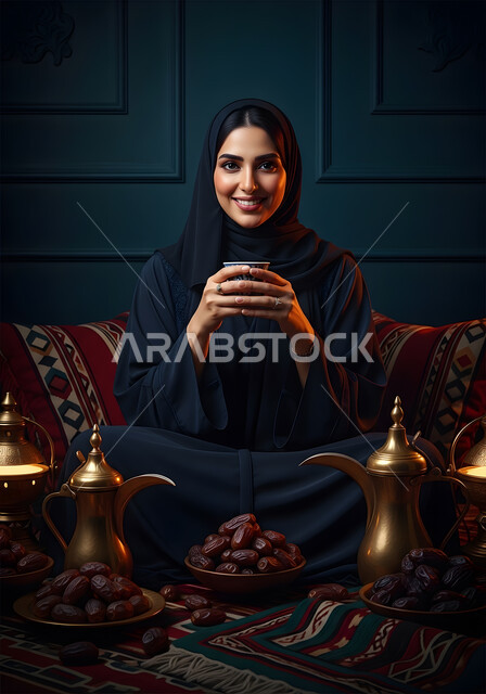  الاحتفالات و المناسبات الوطنية الشعبية، منتج محلي ومحصول زراعي وطني، مفهوم حسن الضيافه والاستقبال، إمرأة عربية خليجية سعودية ترتدي العباءة والحجاب تقوم بشرب القهوة، عادات وتقاليد سعودية اصيلة في تقديم القهوة العربية، الاحتفال باليوم الوطني السعودي في 23 سبتمبر