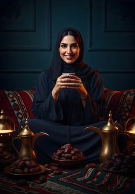  الاحتفالات و المناسبات الوطنية الشعبية، منتج محلي ومحصول زراعي وطني، مفهوم حسن الضيافه والاستقبال، إمرأة عربية خليجية سعودية ترتدي العباءة والحجاب تقوم بشرب القهوة، عادات وتقاليد سعودية اصيلة في تقديم القهوة العربية، الاحتفال باليوم الوطني السعودي في 23 سبتمبر