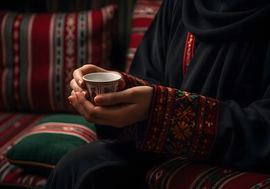  مفهوم حسن الضيافه والاستقبال، إمرأة عربية خليجية سعودية ترتدي العباءة والحجاب تقوم بشرب القهوة، عادات وتقاليد سعودية اصيلة في تقديم القهوة العربية، الاحتفال باليوم الوطني السعودي في 23 سبتمبر، الاحتفالات و المناسبات الوطنية الشعبية، منتج محلي ومحصول زراعي وطني