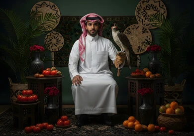 Bird care and training, the status of falcons in Saudi history, a Saudi Arabian Gulf man wearing traditional thobe and shemagh carrying a falcon in his hand with expressions of pride, a popular national occasion celebrating Saudi National Day on September 23