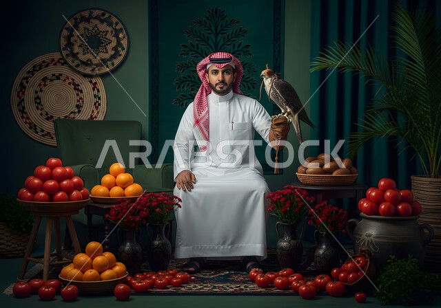 Bird care and training, the status of falcons in Saudi history, a Saudi Arabian Gulf man wearing traditional thobe and shemagh carrying a falcon in his hand with expressions of pride, a popular national occasion celebrating Saudi National Day on September 23