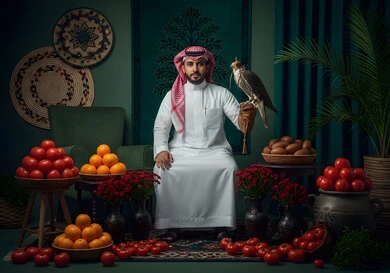 العناية بتربية الطيور و تدريبها, مكانة الصقور في التاريخ السعودي, رجل عربي خليجي سعودي يرتدي الثوب التقليدي والشماغ يحمل على يده طائر الصقر بتعابير الفخر,  مناسبة وطنيه شعبيه، الاحتفال باليوم الوطني السعودي في 23 سبتمبر
