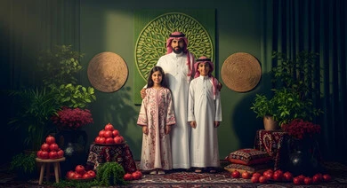 مفهوم حب الوطن والانتماء اليه، الأجواء العائلية المليئة بالحب،عائلة عربية خليجية سعودية تنظر الى الكاميرا بايماءات الفخر، يوم العلم 11 مارس، الاخلاص والولاء للبلاد،  مناسبة وطنيه شعبيه، الاحتفال باليوم الوطني السعودي في 23 سبتمبر