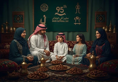 The concept of patriotism and belonging to the homeland, a family atmosphere filled with love, a Saudi Arabian Gulf family looking with proud gestures, Flag Day on March 11, loyalty and allegiance to the country, a popular national occasion, celebrating Saudi National Day on September 23