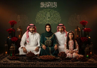 مفهوم حب الوطن والانتماء اليه، الأجواء العائلية المليئة بالحب،عائلة عربية خليجية سعودية تنظر بايماءات الفخر، يوم العلم 11 مارس، الاخلاص والولاء للبلاد،  مناسبة وطنيه شعبيه، الاحتفال باليوم الوطني السعودي في 23 سبتمبر