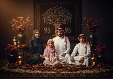 The concept of patriotism and belonging to the homeland, a family atmosphere filled with love, a Saudi Arabian Gulf family looking with proud gestures, Flag Day on March 11, loyalty and allegiance to the country, a popular national occasion, celebrating Saudi National Day on September 23