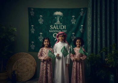 الاخلاص والولاء للبلاد،  مناسبة وطنيه شعبيه، الاحتفال باليوم الوطني السعودي في 23 سبتمبر، مفهوم حب الوطن والانتماء اليه، الأجواء العائلية المليئة بالحب،عائلة عربية خليجية سعودية تحمل بيدها علم المملكة العربيىة السعودية بايماءات الفخر، يوم العلم 11 مارس
