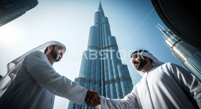  التحية والسلام والاتفاق على صفقة عمل ناجحة, رجلا أعمال عربيان خليجيان اماراتيان يرتديان الكندورة والغترة البيضاء يقفان خارج مقر الشركة يقومان بمصافحة بعضهما بتعابير البهجة والسرور، خلفية برج خليفة