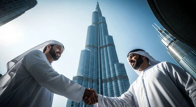  التحية والسلام والاتفاق على صفقة عمل ناجحة, رجلا أعمال عربيان خليجيان اماراتيان يرتديان الكندورة والغترة البيضاء يقفان خارج مقر الشركة يقومان بمصافحة بعضهما بتعابير البهجة والسرور، خلفية برج خليفة