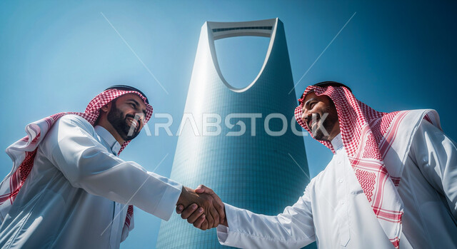  التحية والسلام والاتفاق على صفقة عمل ناجحة, رجلا أعمال عربيان خليجيان سعوديان يرتديان الثوب التقليدي والشماغ يقفان خارج مقر الشركة يقومان بمصافحة بعضهما بتعابير البهجة والسرور، خلفية برج المملكة