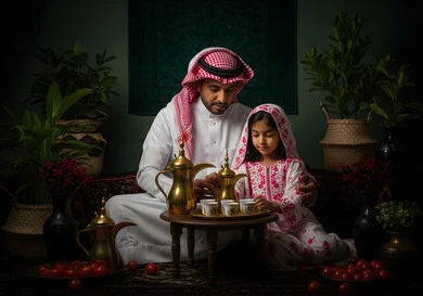 The concept of patriotism and belonging to one's homeland, a Saudi Arabian Gulf man wearing traditional thobe and shemagh sitting with his daughter and pouring coffee, the concept of hospitality and reception among Arabs, a national occasion and celebration, the celebration of Saudi National Day on September 23