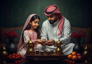 The concept of patriotism and belonging to one's homeland, a Saudi Arabian Gulf man wearing traditional thobe and shemagh sitting with his daughter and pouring coffee, the concept of hospitality and reception among Arabs, a national occasion and celebration, the celebration of Saudi National Day on September 23