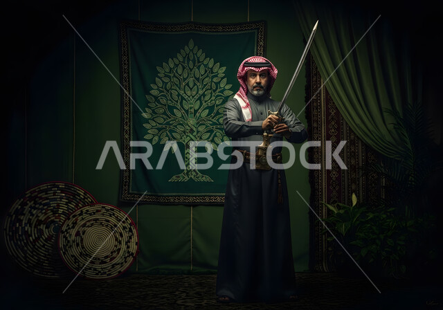 The concept of war and defending the homeland, commemorating Saudi National Day, showing off traditional Saudi weapons, the love and passion for owning heritage swords, a Saudi Arabian Gulf man wearing the traditional thobe and shemagh holding a sword in his hand