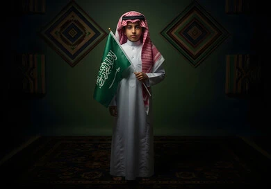Love of the homeland and belonging to it, a Saudi Arabian Gulf boy wearing the traditional thobe and shemagh standing straight holding the flag of the Kingdom of Saudi Arabia, looking at the camera with gestures of pride and honor, the memory of Saudi National Day, March 23, Saudi Flag Day, March 11