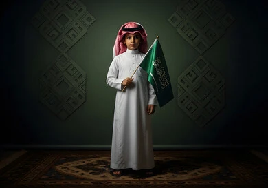 حب الوطن والانتماء إليه، ولد عربي خليجي سعودي يرتدي الثوب التقليدي والشماغ يقف باستقامة يحمل علم المملكة العربية السعودية، النظر إلى الكاميرا بإيماءات الفخر والاعتزاز، ذكرى اليوم الوطني السعودي 23 مارس، يوم العلم السعودي 11 مارس