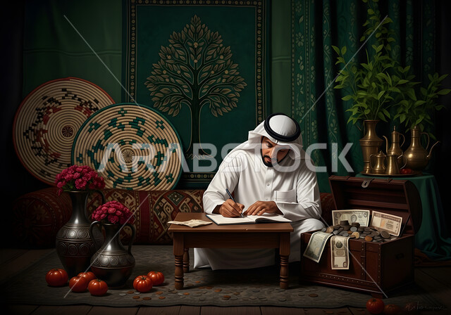 التمعن بسور القرآن الكريم, مفهوم العبادة والطاعة والتقرب الى الله في شهر رمضان المبارك, تدبر الآيات القرآنية والتفكر بها، رجل عربي خليجي سعودي يرتدي الثوب التقليدي يقرأ من المصحف الشريف