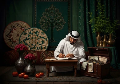 التمعن بسور القرآن الكريم, مفهوم العبادة والطاعة والتقرب الى الله في شهر رمضان المبارك, تدبر الآيات القرآنية والتفكر بها، رجل عربي خليجي سعودي يرتدي الثوب التقليدي يقرأ من المصحف الشريف