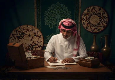 التمعن بسور القرآن الكريم, مفهوم العبادة والطاعة والتقرب الى الله في شهر رمضان المبارك, تدبر الآيات القرآنية والتفكر بها، رجل عربي خليجي سعودي يرتدي الثوب التقليدي يقرأ من المصحف الشريف