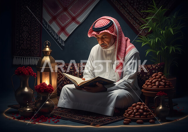 التمعن بسور القرآن الكريم, مفهوم العبادة والطاعة والتقرب الى الله في شهر رمضان المبارك, تدبر الآيات القرآنية والتفكر بها، رجل عربي خليجي سعودي يرتدي الثوب التقليدي يقرأ من المصحف الشريف