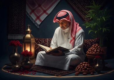 التمعن بسور القرآن الكريم, مفهوم العبادة والطاعة والتقرب الى الله في شهر رمضان المبارك, تدبر الآيات القرآنية والتفكر بها، رجل عربي خليجي سعودي يرتدي الثوب التقليدي يقرأ من المصحف الشريف