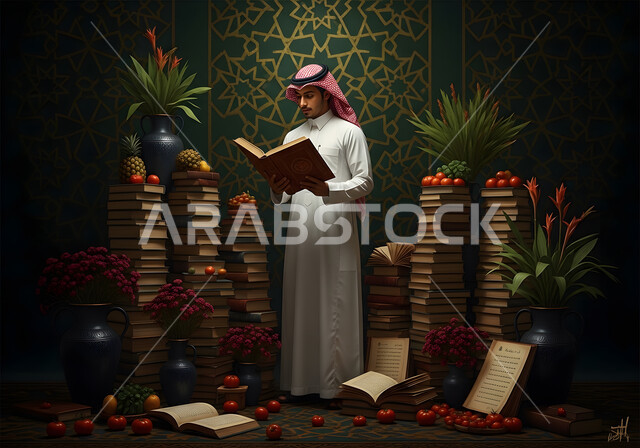 التمعن بسور القرآن الكريم, مفهوم العبادة والطاعة والتقرب الى الله في شهر رمضان المبارك, تدبر الآيات القرآنية والتفكر بها، رجل عربي خليجي سعودي يرتدي الثوب التقليدي يقرأ من المصحف الشريف
