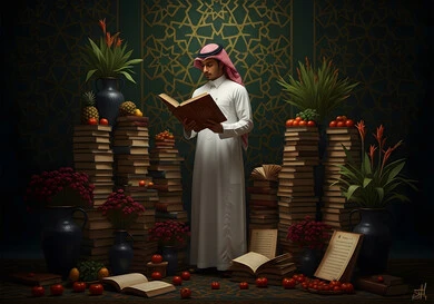 التمعن بسور القرآن الكريم, مفهوم العبادة والطاعة والتقرب الى الله في شهر رمضان المبارك, تدبر الآيات القرآنية والتفكر بها، رجل عربي خليجي سعودي يرتدي الثوب التقليدي يقرأ من المصحف الشريف