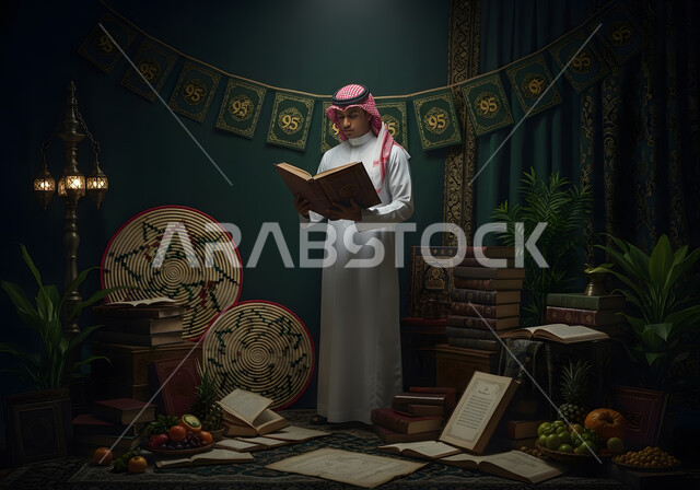 التمعن بسور القرآن الكريم, مفهوم العبادة والطاعة والتقرب الى الله في شهر رمضان المبارك, تدبر الآيات القرآنية والتفكر بها، رجل عربي خليجي سعودي يرتدي الثوب التقليدي يقرأ من المصحف الشريف