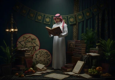التمعن بسور القرآن الكريم, مفهوم العبادة والطاعة والتقرب الى الله في شهر رمضان المبارك, تدبر الآيات القرآنية والتفكر بها، رجل عربي خليجي سعودي يرتدي الثوب التقليدي يقرأ من المصحف الشريف