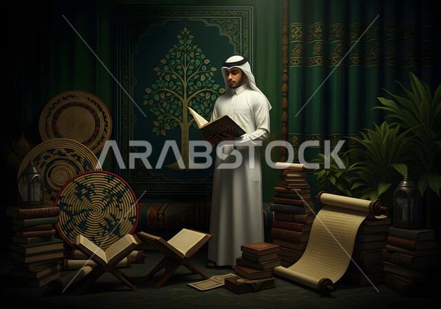 مفهوم العبادة والطاعة والتقرب الى الله في شهر رمضان المبارك, تدبر الآيات القرآنية والتفكر بها، رجل عربي خليجي سعودي يرتدي الثوب التقليدي يقرأ من المصحف الشريف، التمعن بسور القرآن الكريم