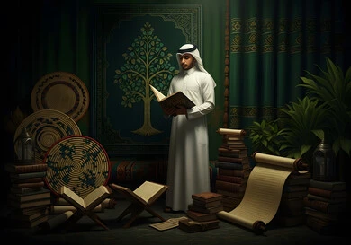 The concept of worship, obedience and drawing closer to God in the holy month of Ramadan, contemplating and reflecting on the verses of the Qur’an, a Saudi Arabian Gulf man wearing traditional clothing reading from the Holy Qur’an, contemplating the surahs of the Holy Qur’an