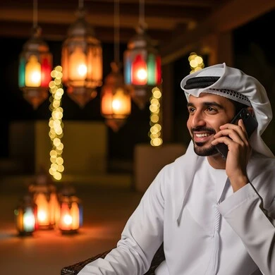 Gestures of joy at hearing good news, a smiling Emirati Gulf Arab man wearing a kandura and ghutra making a phone call on his mobile phone, using a modern and advanced technical device, communicating with family and friends, Ramadan decorations and ornaments, hanging illuminated metal lanterns