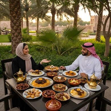 Family members chatting, a table full of delicious oriental food, a happy family atmosphere, a Saudi Arabian Gulf family gathered around the dining table, a Saudi Arabian Gulf man wearing traditional thobe and a candle sitting with his wife in an open-air park