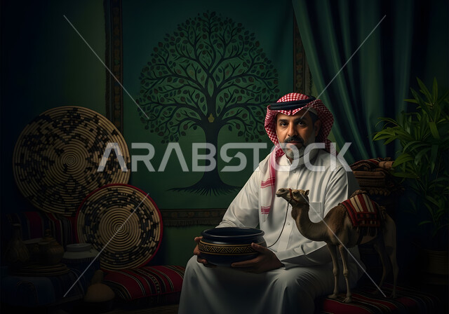 مجسم ثلاثي الأبعاد لحيوان الجمل، النظر الى الكاميرا بايماءات الثقة بالنفس، رجل خليجي سعودي عربي يرتدي الثوب التقليدي والشماغ يجلس على كرسي مريح ويحمل بيده وعاء نحاسي، الاهتمام بالثدييات في المملكة، مفهوم الاناقة والاهتمام بالمظهر الخارجي