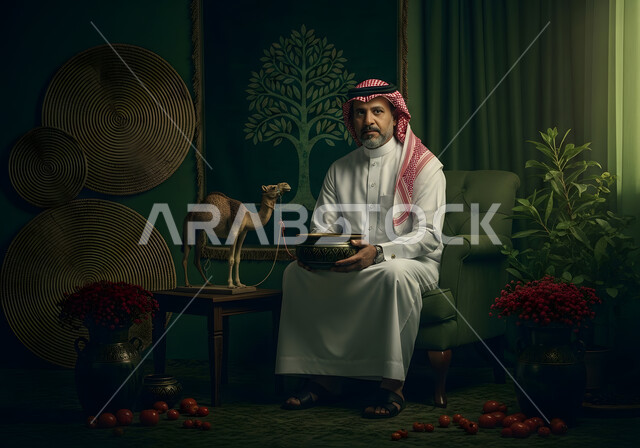مجسم ثلاثي الأبعاد لحيوان الجمل، النظر الى الكاميرا بايماءات الثقة بالنفس، رجل خليجي سعودي عربي يرتدي الثوب التقليدي والشماغ يجلس على كرسي مريح ويحمل بيده وعاء نحاسي، الاهتمام بالثدييات في المملكة، مفهوم الاناقة والاهتمام بالمظهر الخارجي