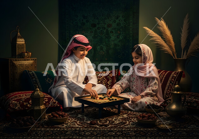 Having a fun and entertaining time, the concept of focus and challenge, the concept of planning and thinking, two young Saudi Arabian Gulf men sitting on the floor playing dominoes, strategic two-player games
