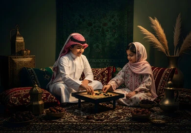 قضاء وقت ممتع ومسلي، مفهوم التركيز والتحدي, مفهوم التخطيط والتفكير، شابان عربيان خليجيان سعوديان يجلسان على الارض يلعبان لعبة الدومينو، ألعاب ثنائية استراتيجية