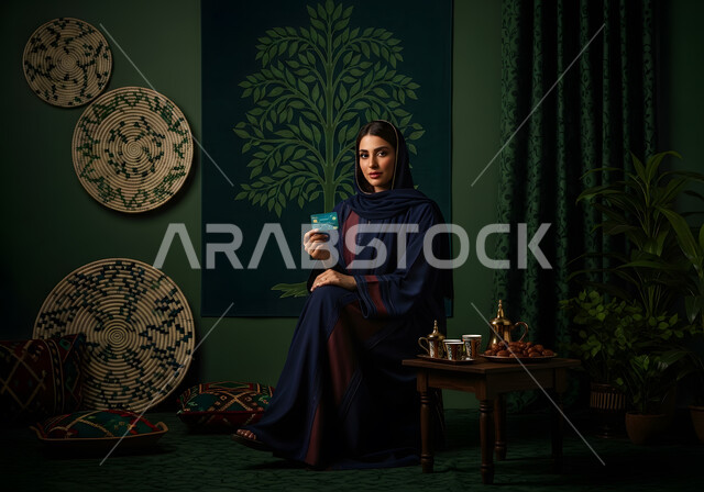 الشراء والدفع عن طريق بطاقة الإئتمان البنكية، إيماءات السعادة والسرور، إمكانية تسديد الفواتير بالبطاقات الإلكترونية، يدة عربية خليجية سعودية محجبة تحمل بيدها بطاقة الصراف
