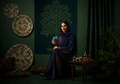 الشراء والدفع عن طريق بطاقة الإئتمان البنكية، إيماءات السعادة والسرور، إمكانية تسديد الفواتير بالبطاقات الإلكترونية، يدة عربية خليجية سعودية محجبة تحمل بيدها بطاقة الصراف