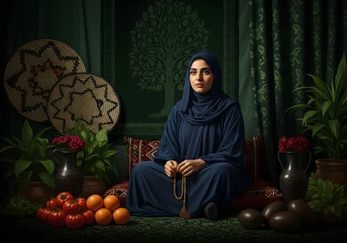 The concept of glorification and praise, a Saudi Arabian Gulf woman wearing a hijab and abaya holding a rosary in her hand, increasing remembrance of God Almighty through seeking forgiveness and supplication, striving in worship and drawing closer to God in the month of Ramadan