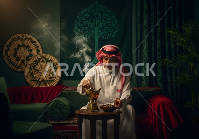 التطيب بالعود والبخور, استخدام خشب العود بالأعياد والمناسبات, رجل عربي خليجي سعودي مبتسم يرتدي الثوب التقليدي والشماغ وبجانبه المبخرة, الاهتمام بالمظهر الخارجي, العادات والتقاليد السعودية