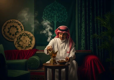 التطيب بالعود والبخور, استخدام خشب العود بالأعياد والمناسبات, رجل عربي خليجي سعودي مبتسم يرتدي الثوب التقليدي والشماغ وبجانبه المبخرة, الاهتمام بالمظهر الخارجي, العادات والتقاليد السعودية
