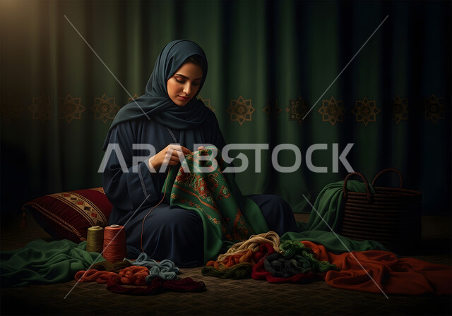 مشغولات وصناعات يدوية, أعمال تقليدية شعبية, فن ومهارة الخياطة والغزل,  إمرأة عربية خليجية سعودية تقوم بالرسم والزخرفة على الأقمشة, استخدام الخيوط الملونة والأدوات الخاصة بالتطريز, الفخر والتباهي بالحرف والتراث الخليجي السعودي
