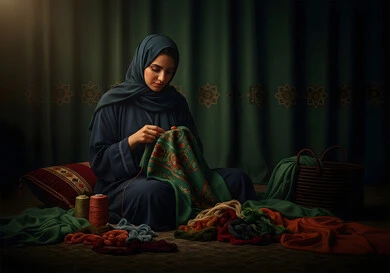 مشغولات وصناعات يدوية, أعمال تقليدية شعبية, فن ومهارة الخياطة والغزل,  إمرأة عربية خليجية سعودية تقوم بالرسم والزخرفة على الأقمشة, استخدام الخيوط الملونة والأدوات الخاصة بالتطريز, الفخر والتباهي بالحرف والتراث الخليجي السعودي