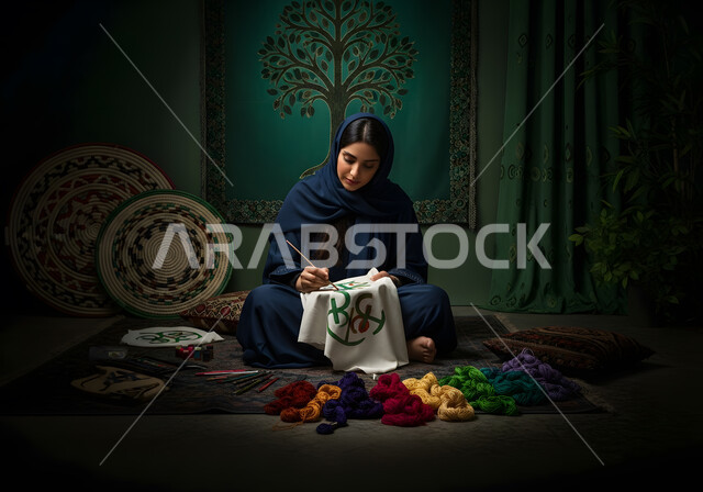 Handicrafts, traditional folk crafts, the art and skill of sewing and spinning, a Saudi Arabian Gulf woman drawing and decorating fabrics, using colored threads and embroidery tools, pride and boasting about Saudi Gulf crafts and heritage