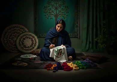 مشغولات وصناعات يدوية, أعمال تقليدية شعبية, فن ومهارة الخياطة والغزل,  إمرأة عربية خليجية سعودية تقوم بالرسم والزخرفة على الأقمشة, استخدام الخيوط الملونة والأدوات الخاصة بالتطريز, الفخر والتباهي بالحرف والتراث الخليجي السعودي