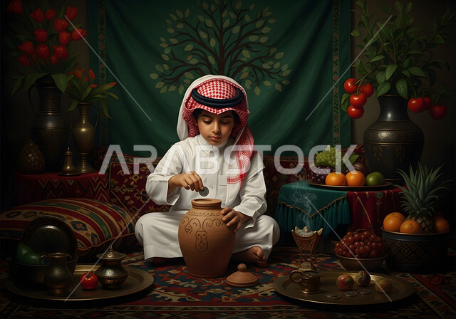 صنع الجرار الفخارية المزخرفة، اواني خزفية مصنوعة من الطين، العمل في صناعة الخزفيات، حرف وصناعات يدوية شعبية من التراث السعودي العريق،  ولد عربي خليجي سعودي يرتدي الثوب التقليدي والشماغ يقوم بصنع الفخار