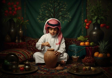 صنع الجرار الفخارية المزخرفة، اواني خزفية مصنوعة من الطين، العمل في صناعة الخزفيات، حرف وصناعات يدوية شعبية من التراث السعودي العريق،  ولد عربي خليجي سعودي يرتدي الثوب التقليدي والشماغ يقوم بصنع الفخار