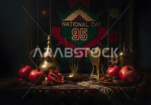 البن العربي الخليجي الفاخر, التقاليد والعادات الأصيلة المتوارثة من الأجداد، مفهوم الضيافة العربية الأصيلة, تقديم المشروبات الساخنة والتمر السكري والرمان للزوار, حسن استقبال الضيف وإكرامه, القهوة العربية في الثقافة السعودية، ذكرى اليوم الوطني السعودي 95